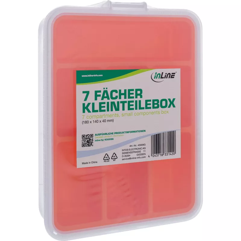 Caja de material pequeño InLine, 7 compartimentos, 180 x 140 x 40 mm, naranja