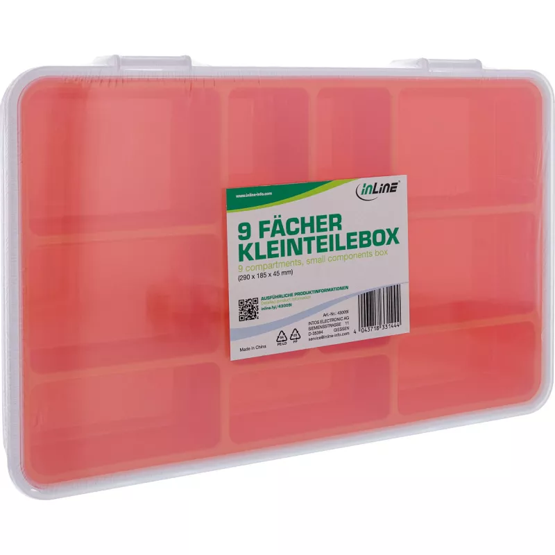 Caja de piezas pequeñas InLine, 9 compartimentos, 290x185x45mm, naranja