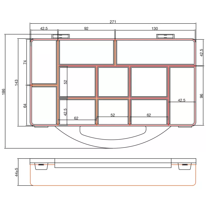 Caja de piezas pequeñas InLine, 11 compartimentos, 271x186x40mm, naranja