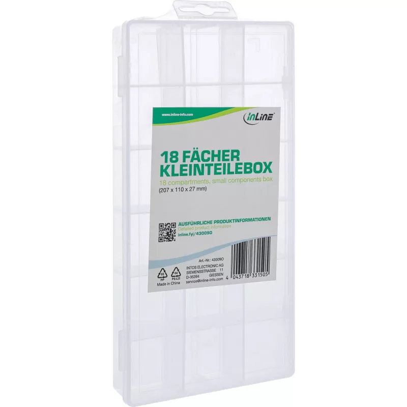 Caja de piezas pequeñas InLine, 18 compartimentos, 207x110x27mm, transparente