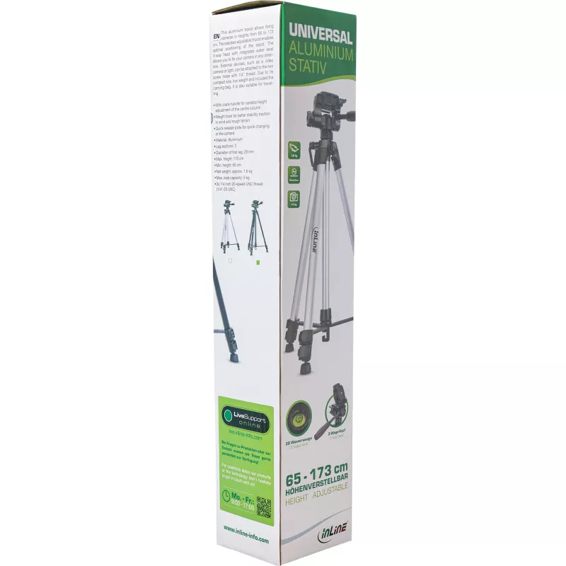 Trípode ligero profesional InLine plateado capacidad de carga 5 kg altura 173 cm