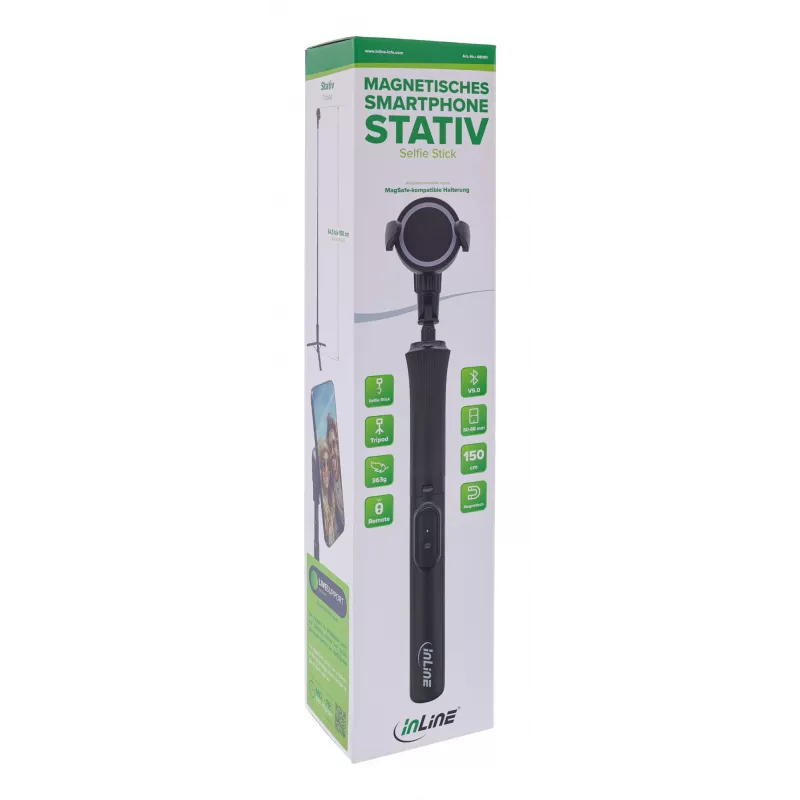 Trípode selfie stick InLine 48091 con mando Bluetooth – soporte extensible para smartphone