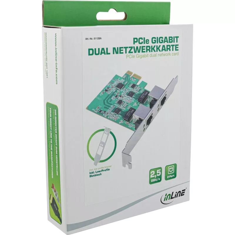 InLine 51126A Tarjeta de red Dual 2,5 Gigabit, 2x RJ45, PCIe x1, incl. soporte LP