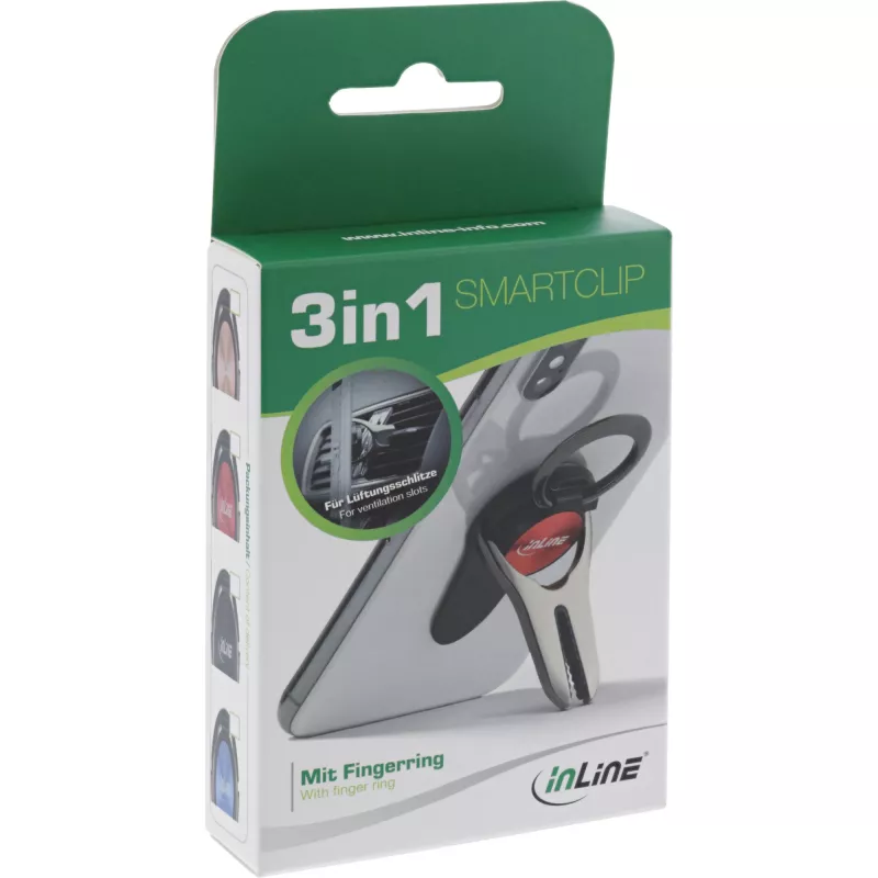 Soporte de coche 3 en 1 para smartphone InLine, soporte, anillo para dedo, rojo