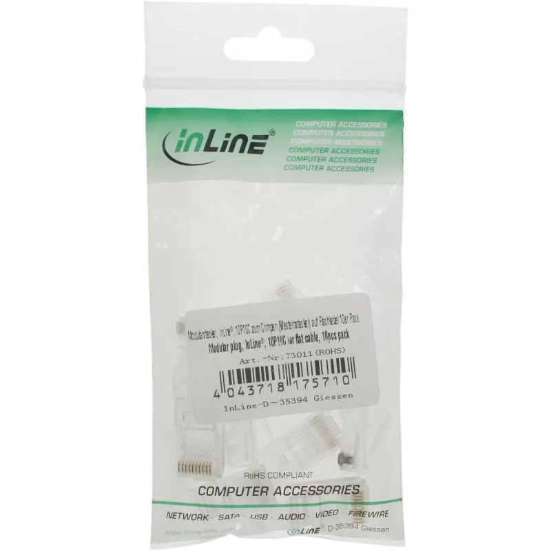 InLine Conector modular 10P10C para crimpar un conector Western a cable plano, 10 uds.