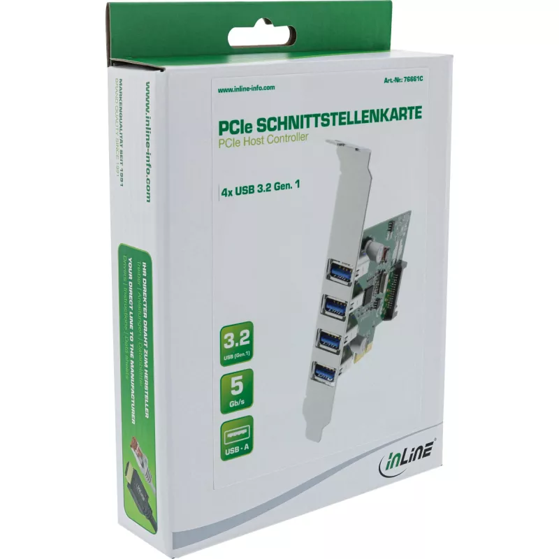 InLine Controlador host USB 3.0 4 puertos PCIe incl. chapa LP y alimentación auxiliar 4 pines