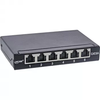 InLine panel de parcheo Cat.6A 0,5U 6 puertos, mesa/pared/raíl, negro con protección antipolvo