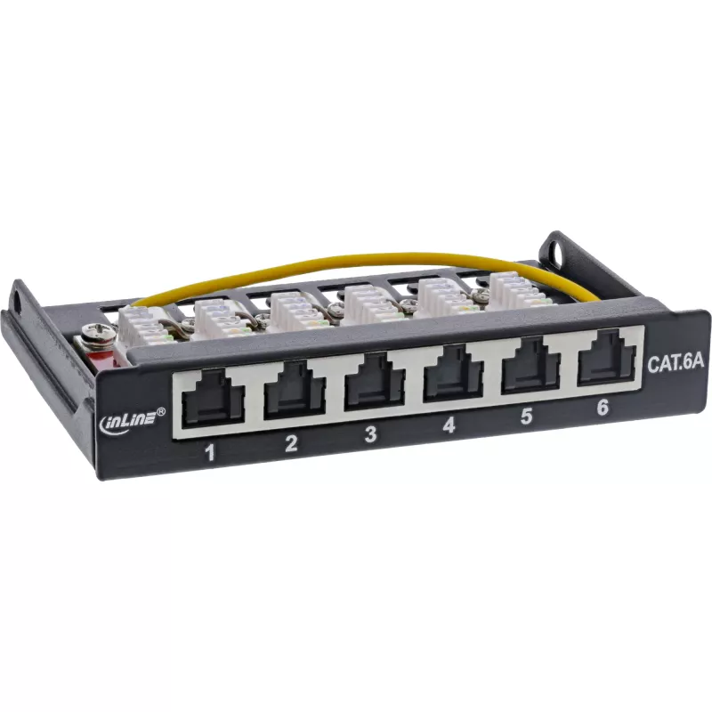 InLine panel de parcheo Cat.6A 0,5U 6 puertos, mesa/pared/raíl, negro con protección antipolvo