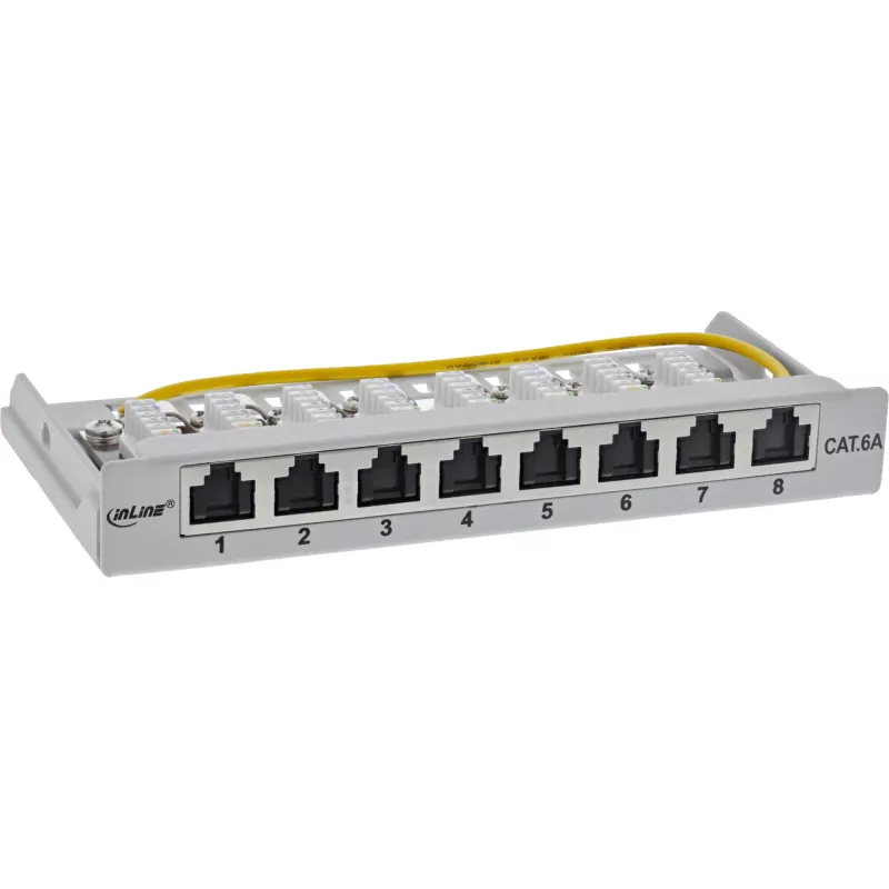 InLine patch panel Cat.6A 0,5HE 8 puertos, sobremesa/pared/raíl, gris, protección antipolvo