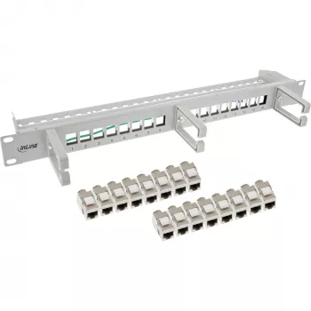 Panel de parcheo InLine Cat.6A 16 puertos, con 3 guías de gestión de cables, 16 keystones, 19