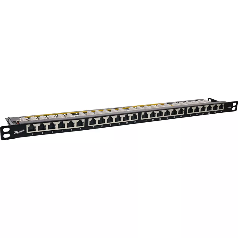 InLine panel de parcheo 19 pulgadas Cat.6A 0,5U 24 puertos, con protección antipolvo, negro