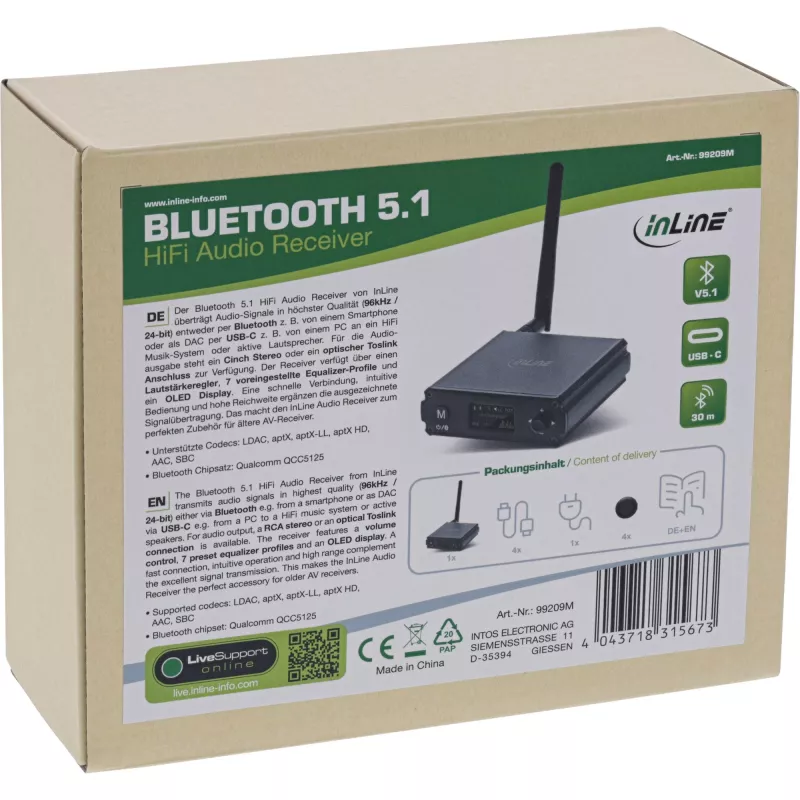 InLine Receptor HiFi Bluetooth 5.1 y DAC USB con LCD 30 m de alcance