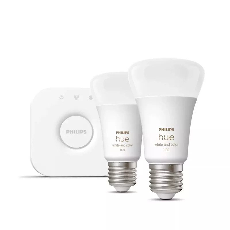 Kit de inicio Smart LED Philips Hue White and Colour Ambience — 2× bombillas E27 11W, Bluetooth/Zigbee