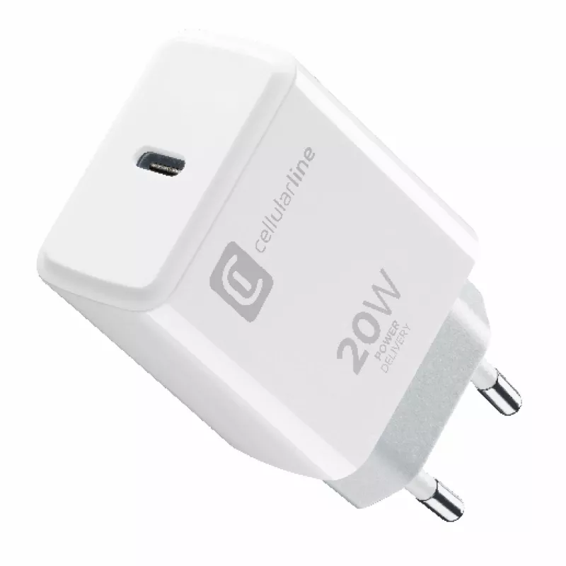 Cellularline Cargador USB-C de 20 W – iPhone 8 o posterior Cargador de red USB-C de 20 W para cargar el iPhone 8 y modelos posteriores a máxima velocidad