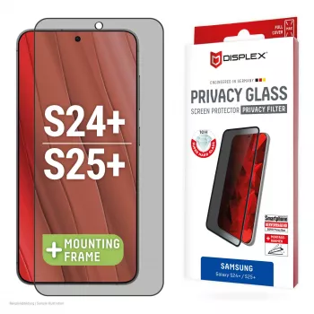 Protector de pantalla con filtro de privacidad Displex (10H) para Samsung Galaxy S24+/S25+, marco de montaje Eco, filtro de privacidad