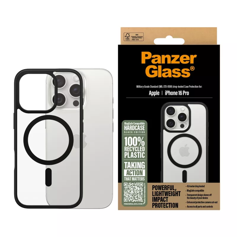 PanzerGlass® HardCase transparente con MagSafe negro y marco para iPhone 16 Pro