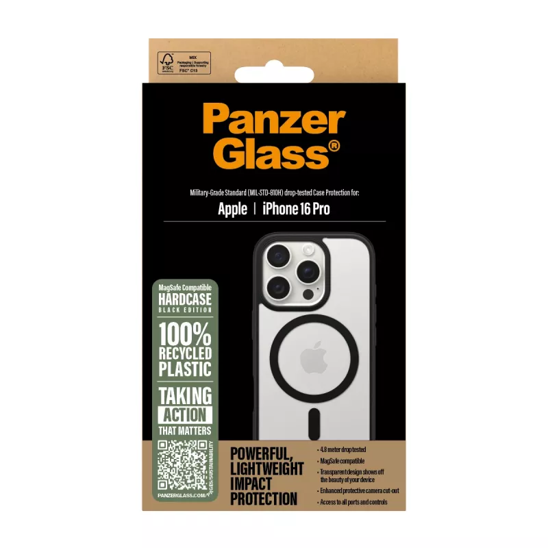 PanzerGlass® HardCase transparente con MagSafe negro y marco para iPhone 16 Pro
