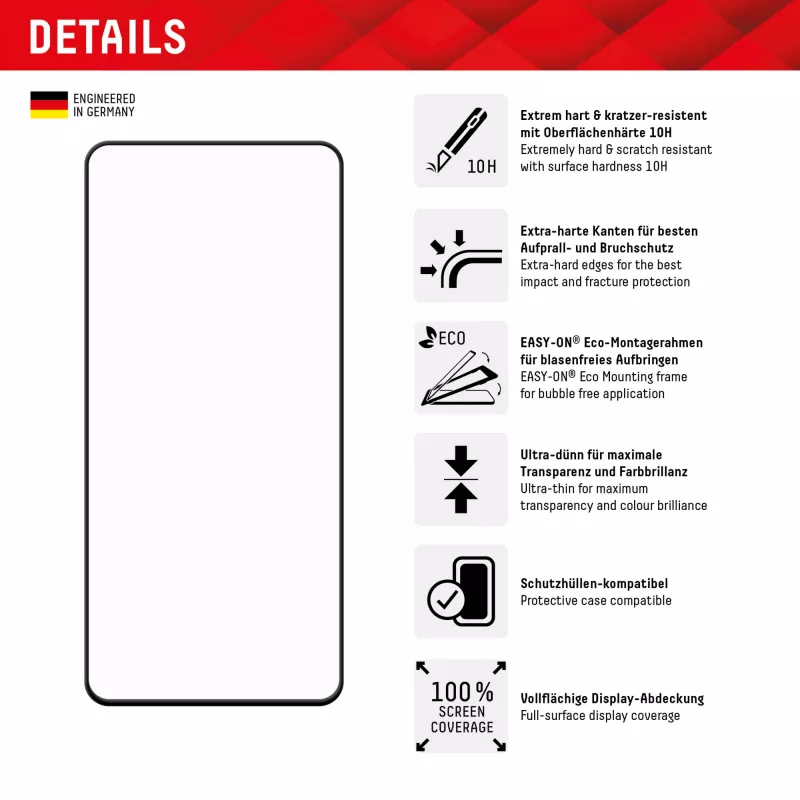 Displex Premium Displayschutzfolie (Full Cover, 10H) para Samsung Galaxy S22+/S23+, marco de montaje Eco, Full Cover