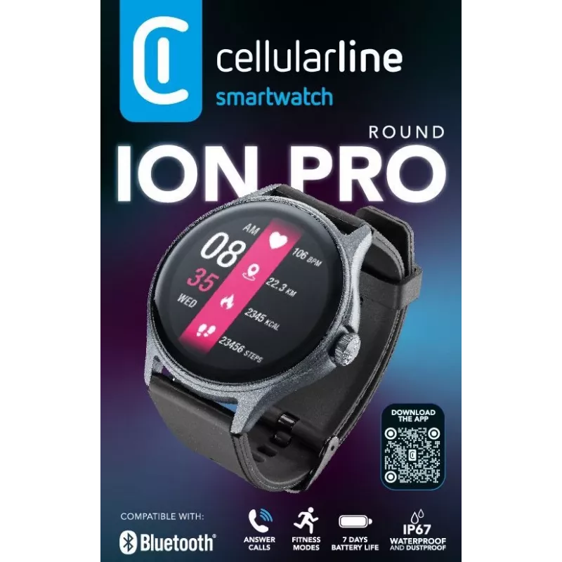 Cellularline ION PRO Round Smartwatch Bluetooth® con app, 3,51 cm (1,38 pulgadas), TFT, pantalla táctil, 0,00064 GB, 98 g