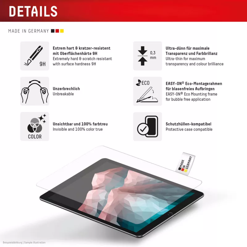 Protector de pantalla Displex Tablet Glass (9H) para Samsung Galaxy Tab S10 FE+, marco de montaje Eco, irrompible
