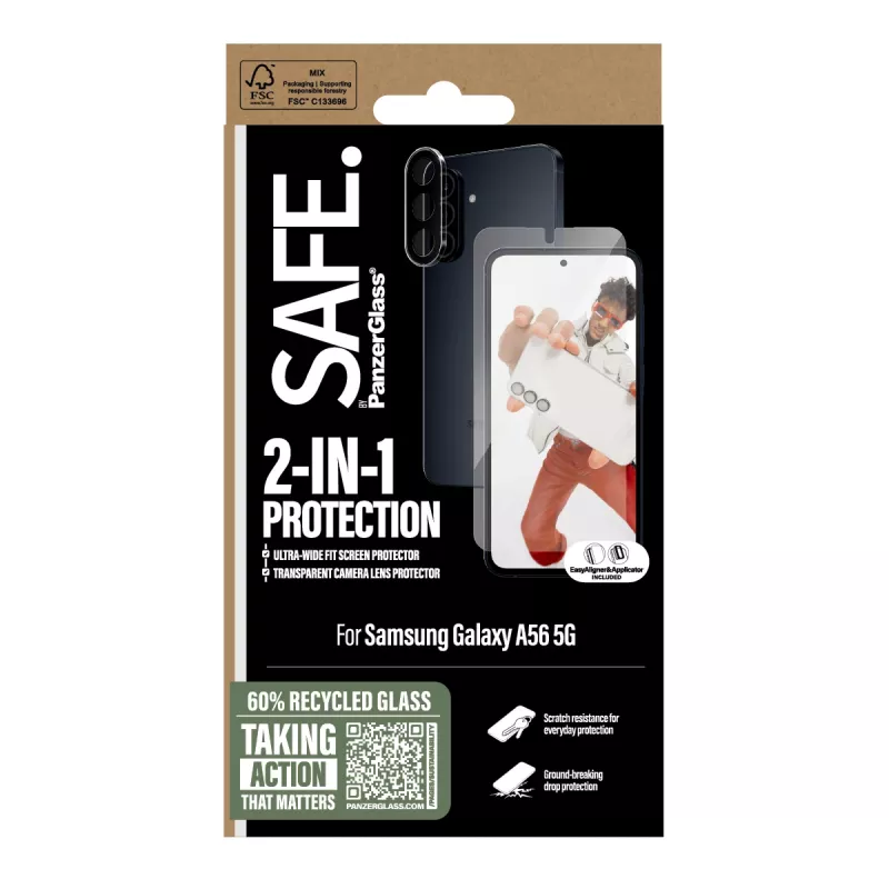 Pack 2 en 1 PanzerGlass SAFE. by ® Samsung Galaxy A56 5G resistente a arañazos y golpes