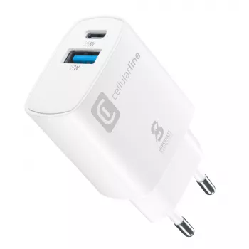 Cargador de viaje de doble puerto Cellularline para Samsung, PD 25W, blanco