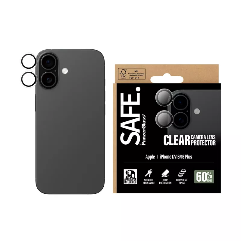 Protector de lente de cámara PanzerGlass SAFE para iPhone 17 16 16 Plus resistente a arañazos y golpes transparente