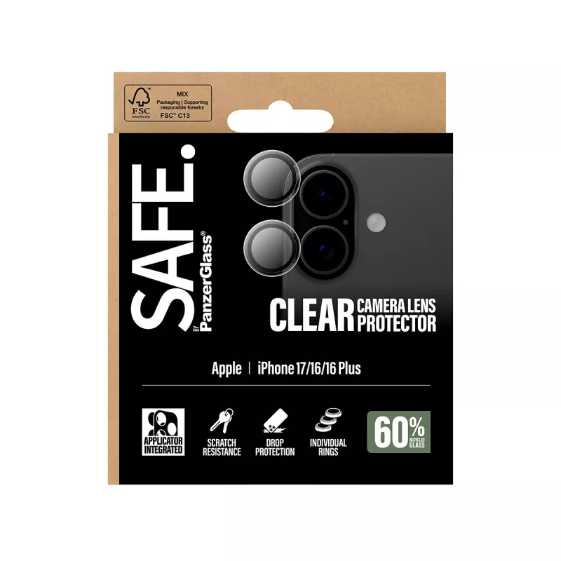 Protector de lente de cámara PanzerGlass SAFE para iPhone 17 16 16 Plus resistente a arañazos y golpes transparente