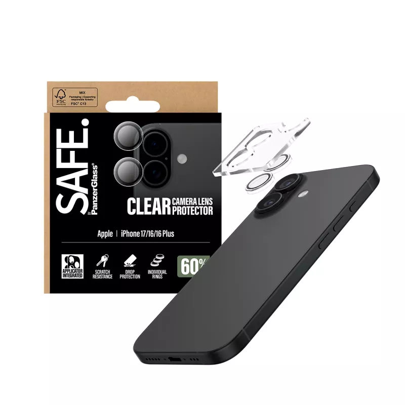 Protector de lente de cámara PanzerGlass SAFE para iPhone 17 16 16 Plus resistente a arañazos y golpes transparente