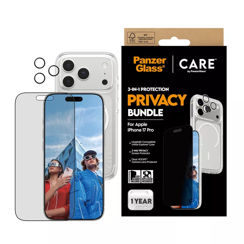 Funda con privacidad PanzerGlass para iPhone 17 Pro 3 en 1 — Serie CARE, protección de la vista, tapa de cámara integrada