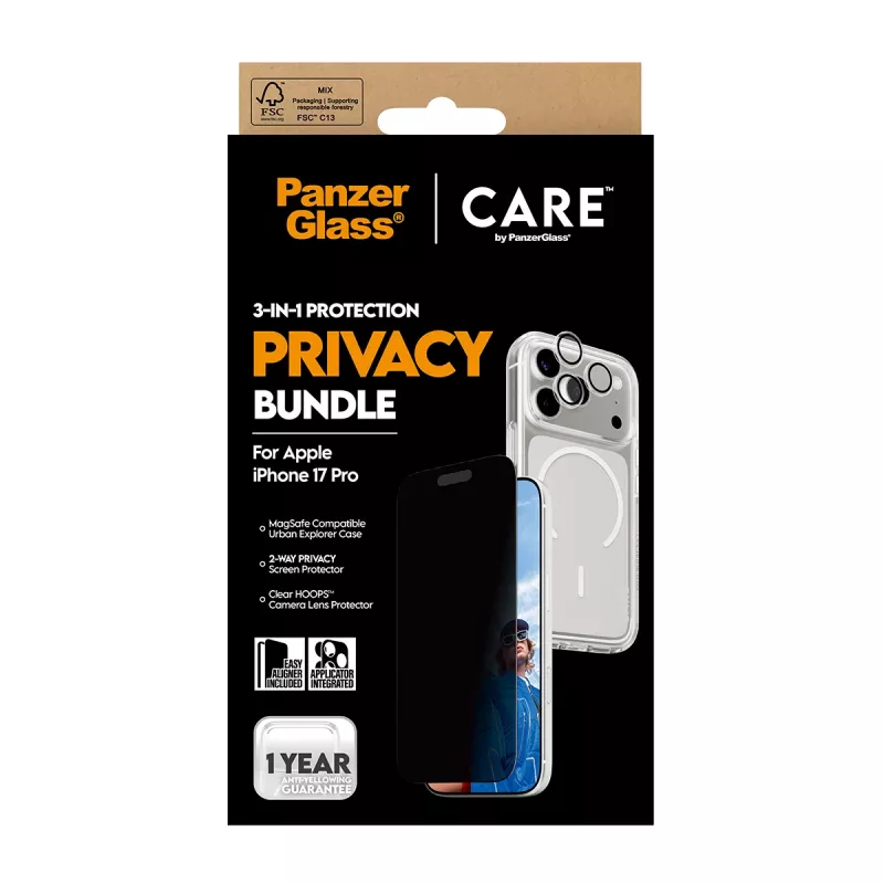 Funda con privacidad PanzerGlass para iPhone 17 Pro 3 en 1 — Serie CARE, protección de la vista, tapa de cámara integrada