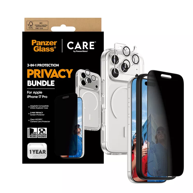 Funda con privacidad PanzerGlass para iPhone 17 Pro 3 en 1 — Serie CARE, protección de la vista, tapa de cámara integrada