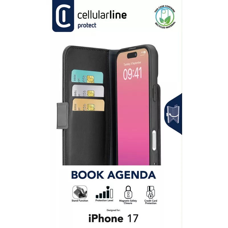 Cellularline Book Agenda – Funda tipo libro en piel sintética con cierre magnético para iPhone 17