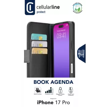 Cellularline Book Agenda – iPhone 17 Pro Funda tipo libro en piel sintética con cierre magnético