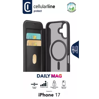 Cellularline Daily Mag - iPhone 17 Funda tipo libro con parte trasera rígida semitransparente, compatible con el ecosistema MagSafe®