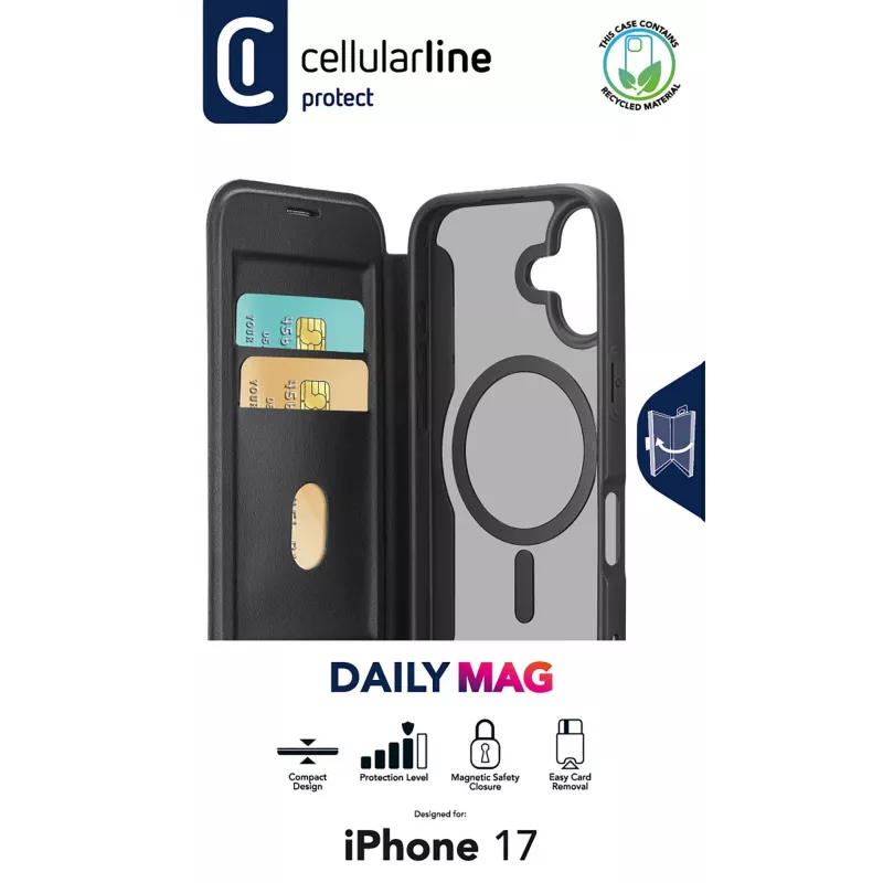 Cellularline Daily Mag - iPhone 17 Funda tipo libro con parte trasera rígida semitransparente, compatible con el ecosistema MagSafe®