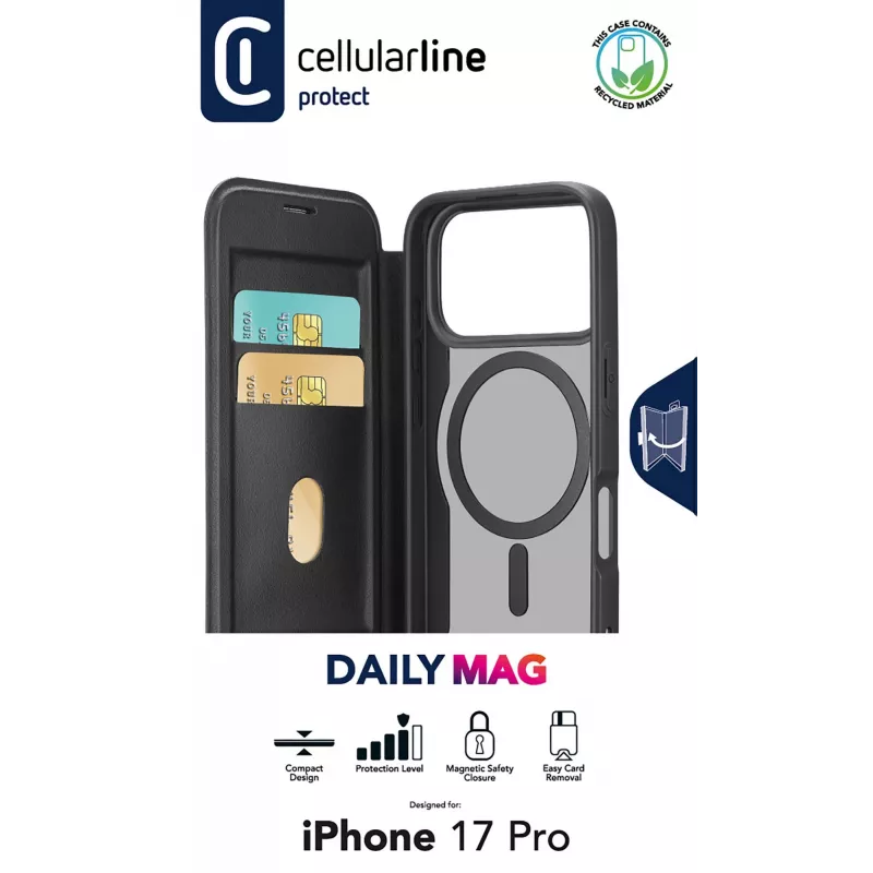 Cellularline Daily Mag - iPhone 17 Pro Funda tipo libro con parte trasera rígida semitransparente, compatible con el ecosistema MagSafe®