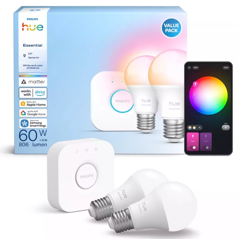 Philips Hue White and colour ambience Essential Starter-Kit: 2 bombillas inteligentes E27 (806 lm)