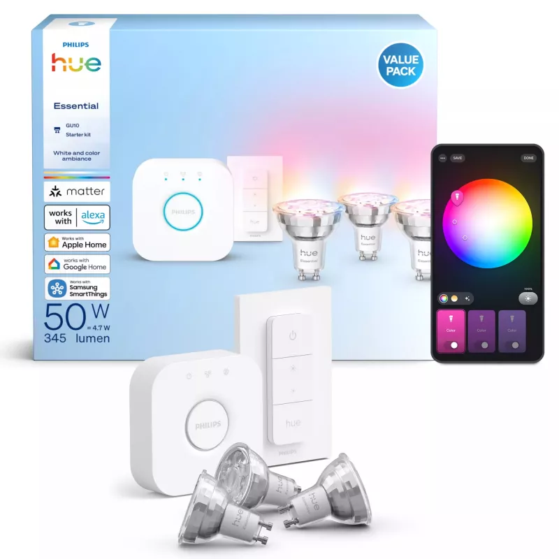 Philips Hue White and Colour Ambience Essential Starterkit: 3 bombillas inteligentes GU10 (345 lm) + interruptor regulador