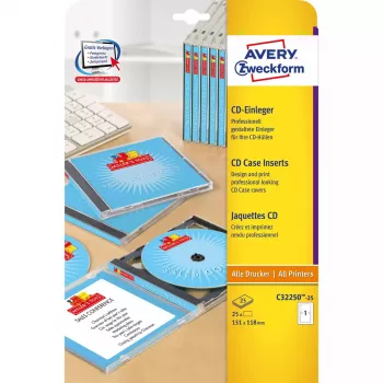 Avery Zweckform C32250-25 Inserciones para cajas de CD Jewel Case, 118 x 151 mm, blanco, 25 hojas