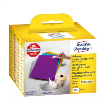 Avery AS0722540 etiquetas rectangulares autoadhesivas y reutilizables — 32 × 57 mm, blancas, 1000 uds.