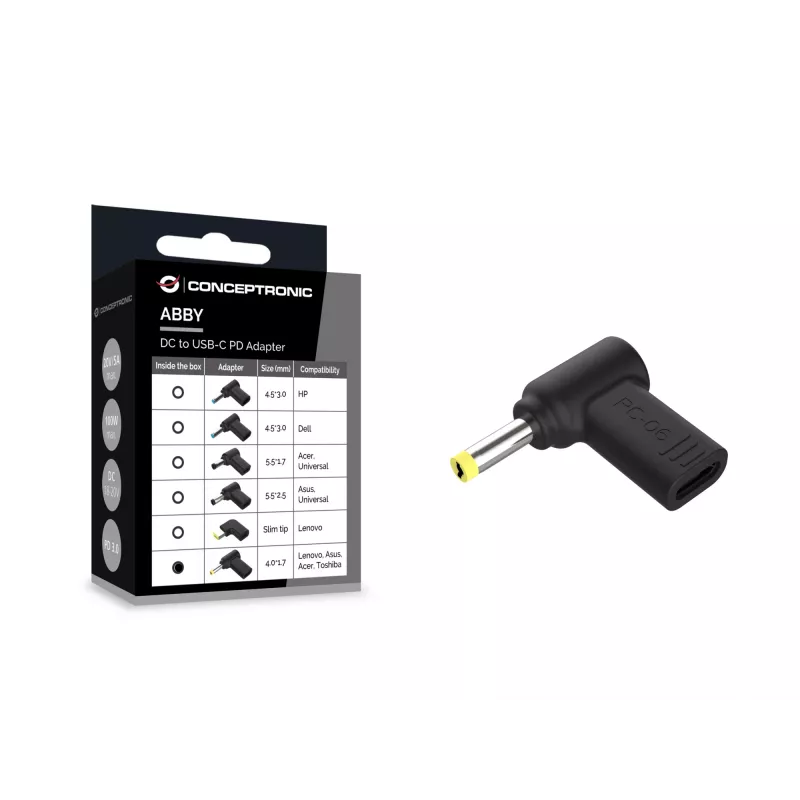Conceptronic ABBY15PC06 Adaptador DC a USB-C, Lenovo/Asus/Acer/Toshiba 4,0x1,7 mm, 18-20 V