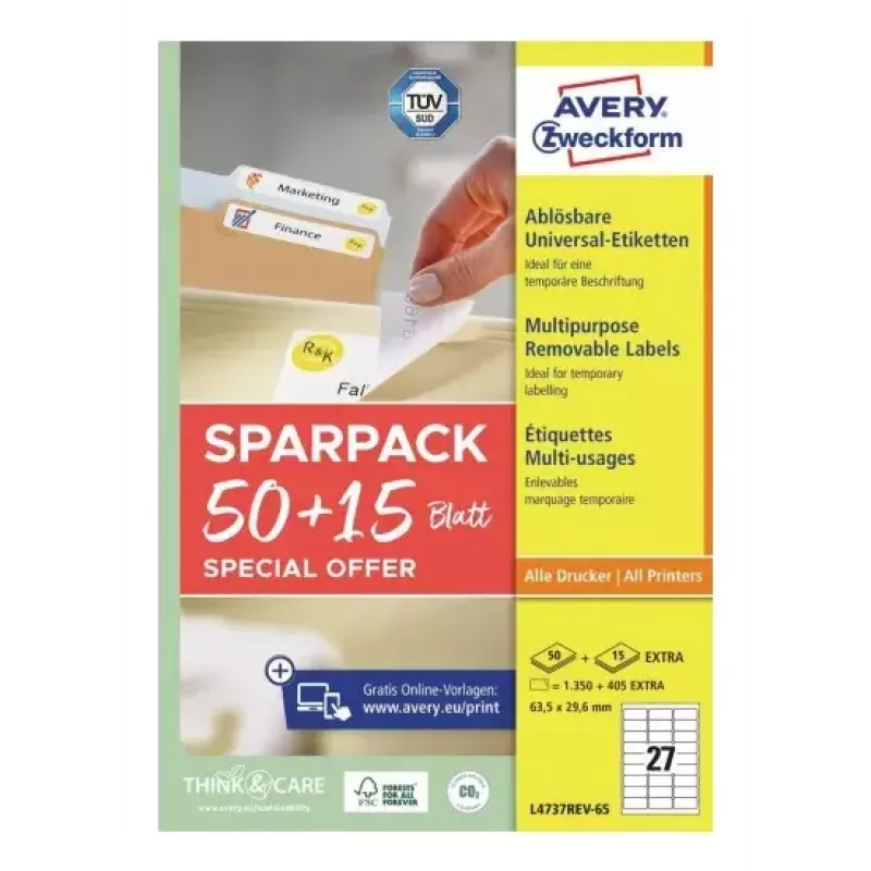 Etiqueta de impresora autoadhesiva AVERY L4737REV-65 Blanca 6,35 x 2,96 cm