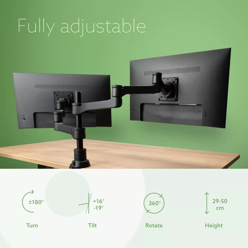 Brazo de monitor R-Go Tools R-Go Zepher Dual, para dos monitores, totalmente ajustable, capacidad de carga 0-8 kg, 100% circular, negro