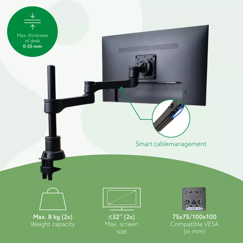 Brazo de monitor R-Go Tools R-Go Zepher Dual, para dos monitores, totalmente ajustable, capacidad de carga 0-8 kg, 100% circular, negro