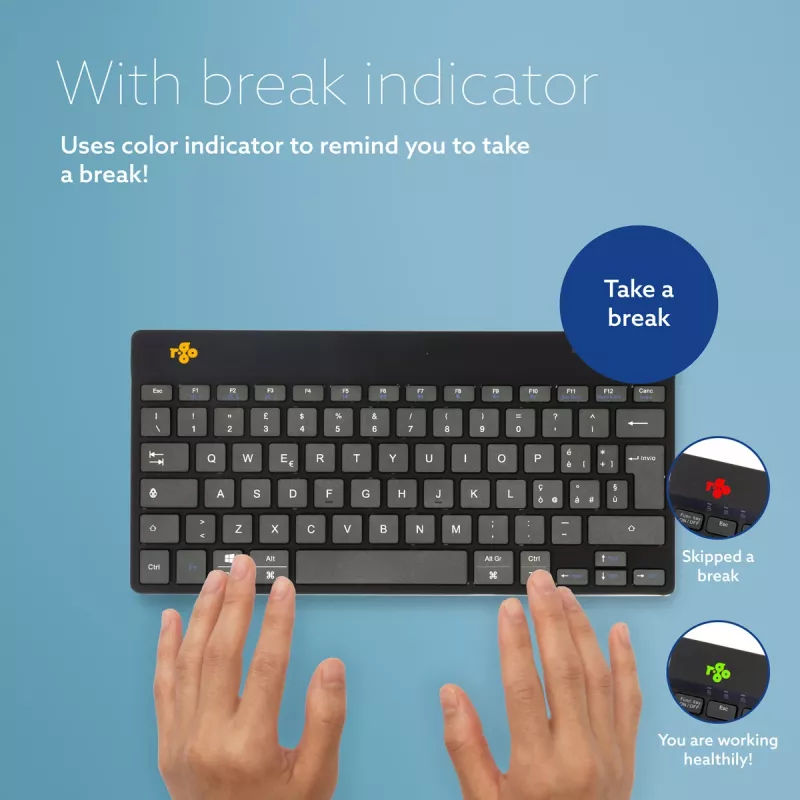 Teclado ergonómico R-Go Tools R-Go Compact Break, teclado compacto con software de pausas, QWERTY (IT), Bluetooth, negro