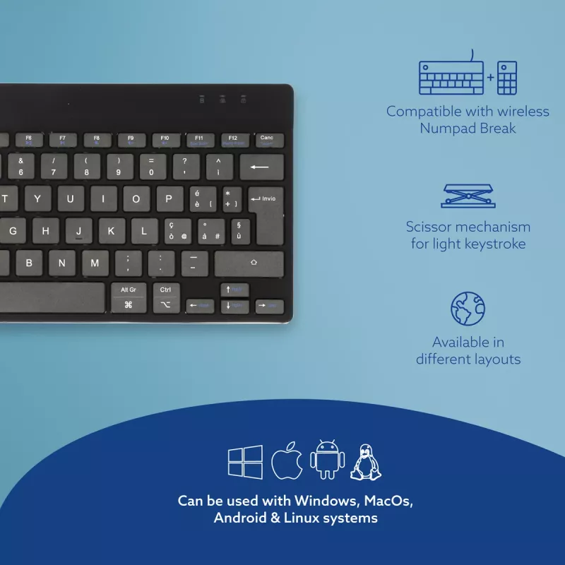 Teclado ergonómico R-Go Tools R-Go Compact Break, teclado compacto con software de pausas, QWERTY (IT), Bluetooth, negro