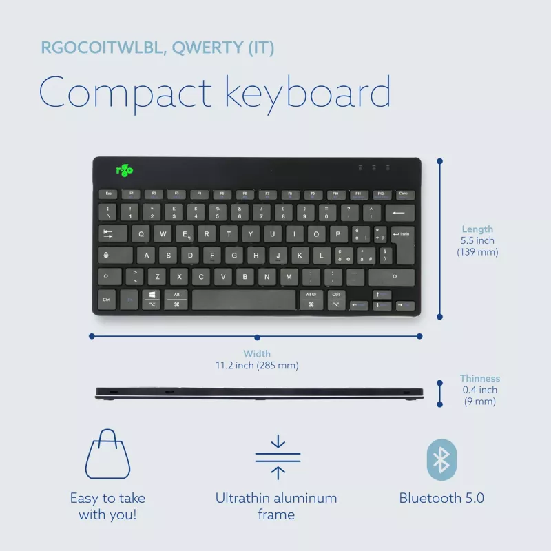 Teclado ergonómico R-Go Tools R-Go Compact Break, teclado compacto con software de pausas, QWERTY (IT), Bluetooth, negro