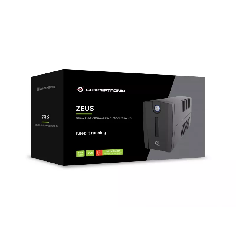 Conceptronic ZEUS01G 650VA 360W SAI, toma UK x 2, HID USB, RJ45 entrada/salida, AVR