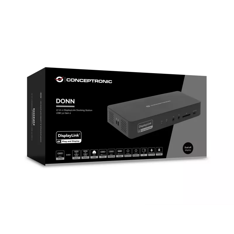 Estación de acoplamiento Conceptronic DONN31B 17 en 1 DisplayLink USB 3.2 Gen 2
